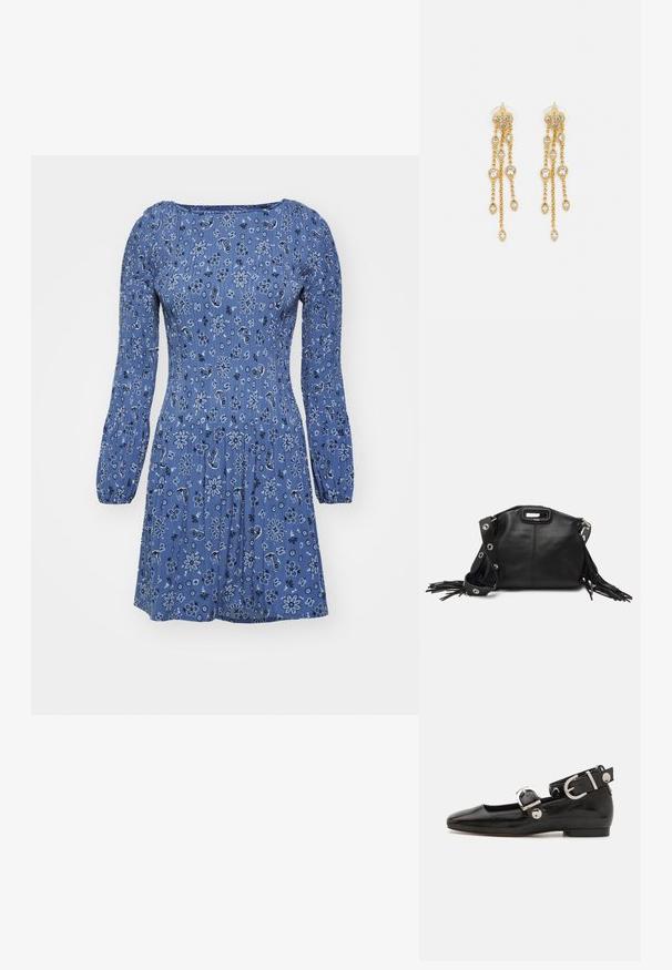 Plava cvjetna haljina s dugim puhovim rukavima, koja ima uski korzet i nabrani struk, izrađena od lagane tkanine s teksturiranim završetkom.; Crne lakirane balerinke sa četvrtastim vrhom, remenom oko zapešća sa srebrnim detaljima i ravnim đonom. Glatka tekstura s minimalističkim dizajnom.; Maje MISS MINI - Torba preko tijela - noir; Zlatne naušnice s višestrukim kaskadnim lancima, s prozirnim ovalnim cirkonima i dekorativnim šiljcima na vrhu.
