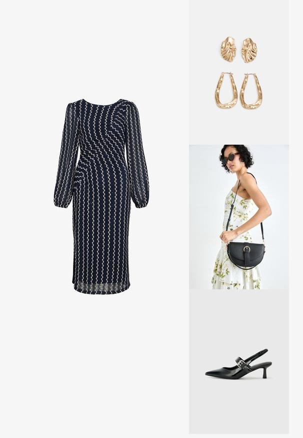 Rochie bleumarin cu mâneci lungi și puffate, având un model ondulat alb. Fabricată dintr-un material texturat, are o silueta ajustată și o margine la nivelul genunchilor.; Sandale cu toc din piele patent neagră, cu vârful ascuțit și un toc mic bloc, având un accent cu cataramă argintie pe curea.; Geantă din piele neagră, cu o formă curbată, curea detașabilă și accesorii aurii. Geanta are un capac cu un detaliu tip cataramă.; Cercei aurii cu forme texturate și ondulate. Include studs sculpturale cu clip și un design de cerc deschis cu un finisaj cioplit.