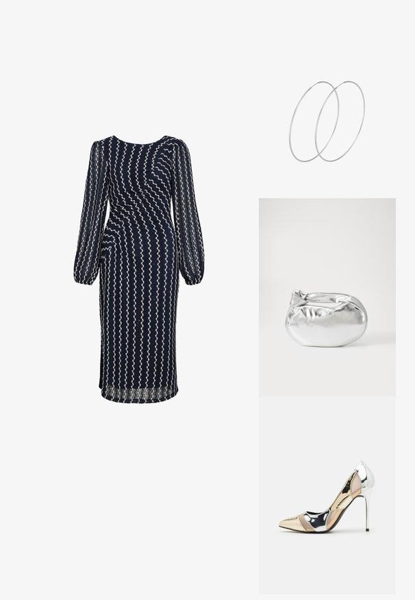 Námornícky modré šaty s dlhými nariasenými rukávmi, s bielym vlnitým vzorom. Vyrobené z textúrovanej tkaniny, majú priliehavý strih a dĺžku po kolená.; Lodičky s špičatou špičkou v striebornom, zlatom a telovom farebnom prevedení. Lesklý povrch s výrezovým dizajnom, s ihlovým opätkom.; Strieborná metalická taška s mäkkým, zaobleným tvarom a uzáverom s uzlíkom. Vyrobená z hladkej syntetickej kože.; Strieborné kruhové náušnice s minimalistickým dizajnom. Cirkulárny tvar, hladký povrch a tenký profil. Ľahké s lesklým povrchom.
