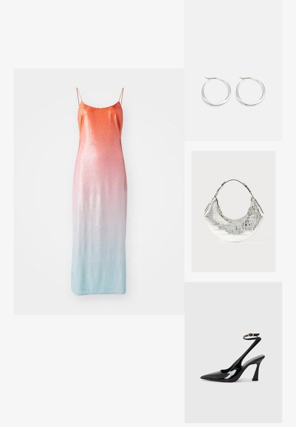 Blizgučiais dekoruota be rankovių suknelė, kurios spalvos pereina nuo oranžinės iki rožinės ir šviesiai mėlynos. Suknelė turi plonas reguliuojamas petnešas ir prigludusį siluetą.; Juodai lakuoti slingback aukšti kulniukai su smailiu nosiu, reguliuojama čiurnos juostele ir vidutinio dydžio blokiniu kulnu. Lygus paviršius su blizgiu apdaila.; Sidabrinė krokodilo odos raštuotų rankinių maišelį su kreivai formos, ruda odinė rankena ir metaliniais akcentais, turintį dekoratyvinį žavesį.; Sidabriniai žiedo auskarai turi lygią, suapvalintą formą, ploną profilį ir saugų užsegimą. Minimalistinis stilius su blizgiu apdaila.