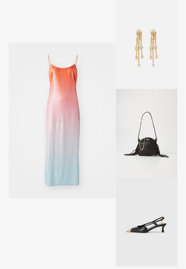 Haljina bez rukava ukrašena šljokicama s gradijentom od narančaste do ružičaste do svijetloplave boje. Ima tanke podesive naramenice i prilagođeni kroj.; Crne kožne sandale s otvorenom petom i šiljastim vrhom, zlatni metalni vrh. Imaju izrezbareni dizajn i vitku petu s podesivim remenom.; Crna kožna torba za ruke sa zaobljenim oblikom, koja ima resice, dugu naramenicu i detalje od zlatnog lanca.; Zlatne naušnice s višestrukim kaskadnim lancima, s prozirnim ovalnim cirkonima i dekorativnim šiljcima na vrhu.