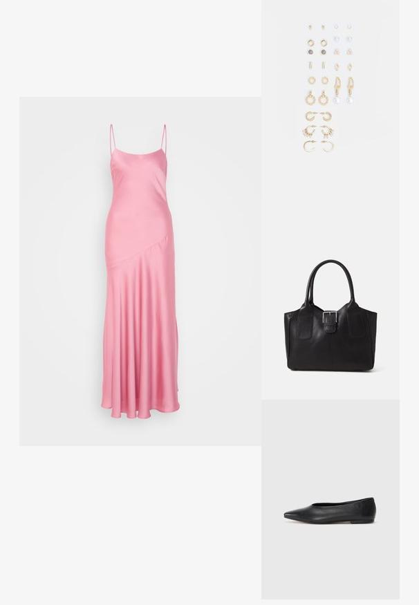 Ružová saténová maxi šaty s tenkými ramienkami, so slabým leskom a diagonálnym švom vpredu, splývajúce do rozšíreného lemu.; Čierne kožené baletky, špicatý špička, minimalistický dizajn, hladká textúra, nízky podpätok, bez viditeľných prvkov alebo ozdôb.; Čierna kožená taška s hladkou textúrou, štruktúrovaným tvarom, dvoma uchami a výrazným strieborným prackovým detailom na prednej strane.; Súprava náušníc v zlatom odtieni obsahujúca rôzne dizajny, vrátane puzetových, kruhových a visiacich kúskov s perlami a rhinestones.
