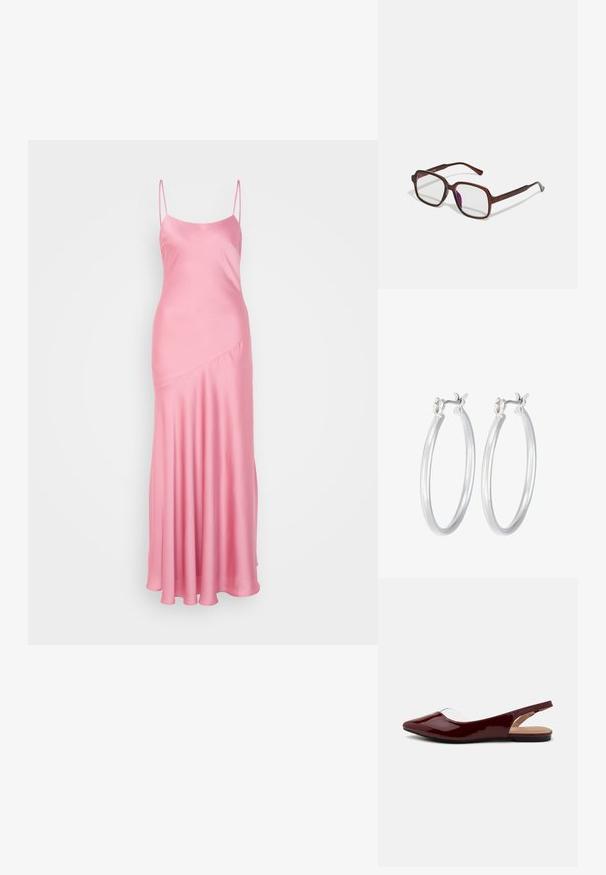 Rozā satīna maksi kleita ar plānām spaghetti siksnām, vieglu spīdumu un diagonālu šuvju detaļu priekšpusē, plūstoša uz izplešanās apakšdaļu.; Burgundijas laku siksniņu plakanās kurpes ar norādītu purngalu, caurspīdīgu izgriezumu un plakanu melnu zoli. Gluda tekstūra, minimālisma dizains.; Brūnas, taisnstūra formas brillēs ar caurspīdīgām lēcām un purpura nokrāsām. Gluda plastmasas apdare ar taisnām tempļiem un smalkiem akcentiem.; Sudraba riņķveida auss gredzeni ar gludu, pulētu apdari. Apaļa forma un drošs klikšķa augšējais slēgums. Viegls dizains, kas piemērots ikdienas valkāšanai.