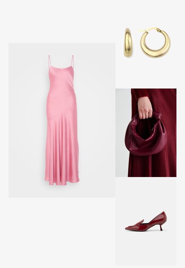 Ružičasta satenasta maxi haljina s tankim naramenicama, blagim sjajem i dijagonalnim šavom na prednjem dijelu, koja se širi prema raskošnom rubu.; Crvene lakirane kožne štikle s šiljastim vrhom, bez kopčanja i s niskom štiklom. Glatka tekstura s elegantnim siluetom.; Bordo kožni ruksač s mekim, naboranim dizajnom i zaobljenim oblikom. Ručka je sigurno pričvršćena, pokazujući glatku teksturu.; Zlatne okrugle naušnice s poliranim finišom, pružaju elegantan dizajn i zatvaranje na kopču. Glatka, sjajna tekstura s blistavim izgledom.