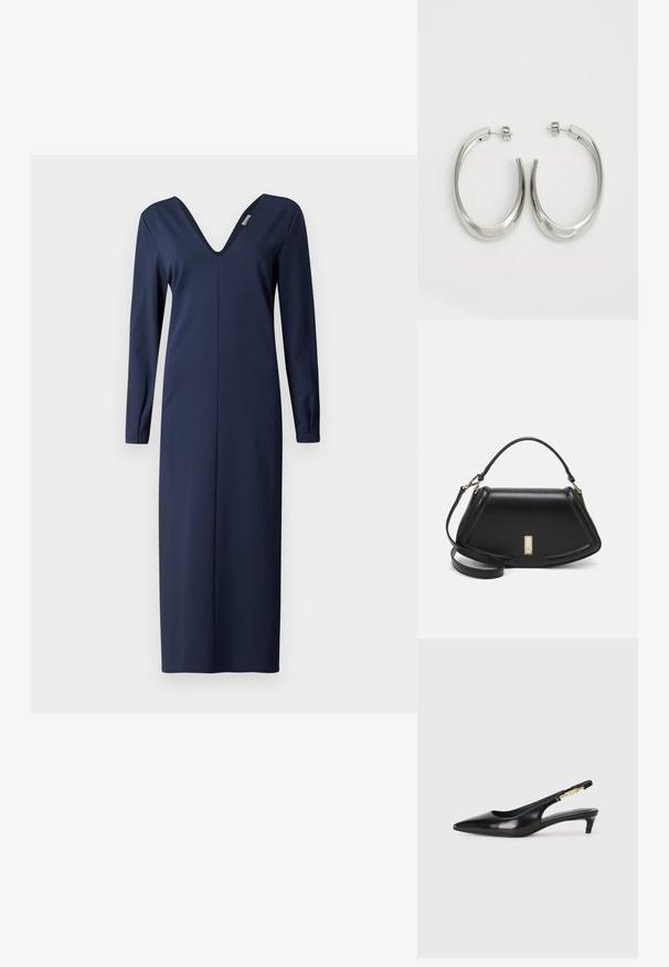 Sininen, pitkähihainen mekko, jossa on syvä V-mallinen kaula-aukko, pehmeästä kankaasta valmistettu, suora siluetti ja minimaalinen ompeluysitys.; Mustat nahkaiset slingback-korkokengät, joissa on terävä kärki, ohuet korot ja kultasävytteinen yksityiskohta säädettävässä hihnassa. Silkkinen pinta.; Mustalla nahkalaukulla, jossa on jämäkkä muotoilu, lyhyt malli, yläkahva ja kultaiset yksityiskohdat. Säädettävä olkahihna sisältyy.; Hope hopeista, joissa on sileä, kaareva muotoilu. Varustettu kiiltävällä metallipinnoitteella ja nappikiinnityksellä. Ei näkyviä kuvioita tai koristeluja.