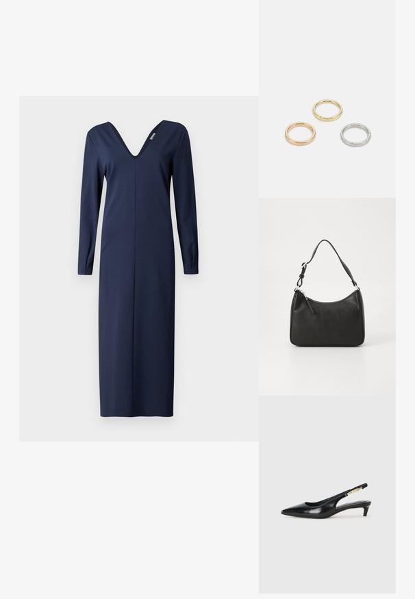 Marinblå, långärmad klänning med djup V-ringning, gjord av mjukt material, har en rak silhuett och minimala sömmdetaljer.; Svart läder slingback-hälar med spetsig tå, med en smal klack och en guldtonad detalj på den justerbara remmen. Slät textur.; Svart läderhandväska med en böjd form, en enda rem, dragkedjestängning och subtil märkning på framsidan. Slät yta, minimalistisk design.; Tre metallringar: en roséguld, en guld med texturerade detaljer och en silver, alla med ingraverad märkning på den inre ringen.