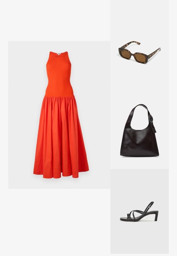Long orange dress with a ribbed, sleeveless top and gathered, flowing skirt made from lightweight fabric. Clean design with no additional embellishments.; Black strappy sandal with a square toe and a low block heel. Features multiple thin straps and an adjustable ankle strap. Made of smooth leather.; Tortoiseshell sunglasses with a rounded, chunky frame and brown lenses. Features subtle patterns and straight, tapered arms.; Brown leather shoulder bag with a smooth texture, rounded shape, wide strap, and circular metallic accent on the handle.
