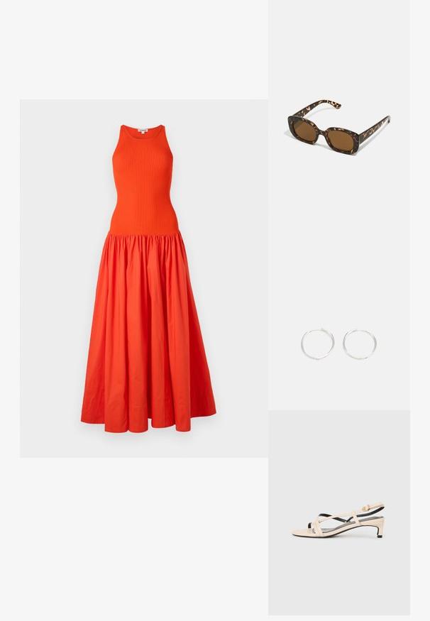 Hosszú narancsszínű ruha bordázott, ujjatlan toppal és gyűrt, folyékony szoknyával, amely könnyű anyagból készült. Letisztult dizájn, további díszítések nélkül.; Beige bőr női szandál, keresztpántos kialakítással, alacsony sarokkal és fekete kiegészítőkkel. Simogató tapintás és minimál stílus.; Teknősbéka mintázatú napszemüveg kerek, vastag kerettel és barna lencsékkel. Finom mintázattal és egyenes, keskenyedő szárakkal rendelkezik.; Ezüst karika fülbevalók, letisztult, kerek formával, sima felülettel és látható díszítés nélkül. A átmérő nem megadott.