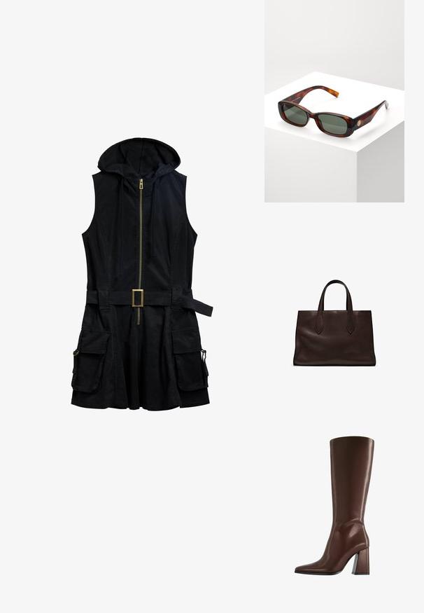 Sort ærmeløs kjole med hætte, frontlynlås og bælte. Har sidelommer med hardware-detaljer og en afslappet pasform.; Brun knæhøj læderstøvle med spids tå og robust midthøj hæl vist i sideprofil på hvid baggrund.; Skildpadde rektangulære solbriller med grønne linser. Bred stel, glat overflade, guldaccent på siden og slanke stænger.; Brun læder tote bag med to forlængede håndtag, struktureret rektangulær form, glat overflade og subtile syninger.; Guldfarvet kæde med en hummerlås og et lille mærke, der står "PILGRIM." Kæden har en glat, struktureret overflade og et slankt, langstrakt design.