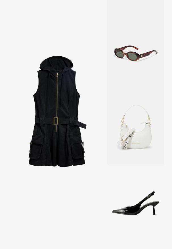Zwarte mouwloze jurk met een capuchon, rits aan de voorkant en een riem. Voorzien van zijzakken met hardware-accenten en een relaxte pasvorm.; Zwarte gepatineerde leren slingback pump met een spitse neus, uitsparingen aan de zijkanten, een verstelbare enkelband en een dunne, slanke hak.; Schildpadbril met donkere lenzen, ovale vorm en brede armen. Voorzien van een kleine gouden accent aan de zijkant. Glad plastic materiaal.; Witte handtas met een gebogen silhouet, textuurleer, gouden hardware en een afneembare schouderriem met een logo en gespdetail.