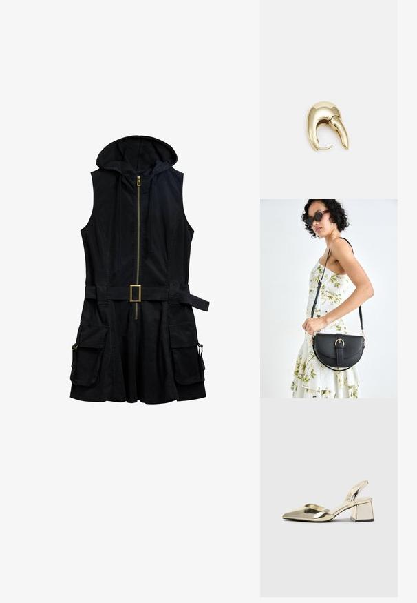Schwarzes ärmelloses Kleid mit Kapuze, vorderem Reißverschluss und einem Gürtel. Verfügt über Seitentaschen mit Hardware-Details und einem lässigen Schnitt.; Goldene, metallische Slingback-Absätze mit spitzem Zeh und dicker Ferse. Glatte Textur, minimalistisches Design und ein schmaler Riemen.; Schwarze Lederhandtasche mit geschwungener Form, abnehmbarem Tragegurt und goldenen Beschlägen. Die Tasche verfügt über einen Deckel mit einer Schnallen-Details.; Ohrringe aus goldfarbenem Metall mit einem schlanken, geschwungenen Design. Sie verfügen über eine markante, spitze Form, eine polierte Oberfläche und einen Scharnierverschluss.