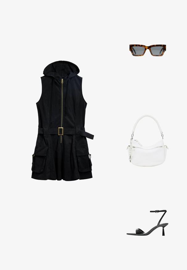 Musta hihaton mekko, jossa on huppu, etuvetoketju ja vyö. Ominaisuuksiin kuuluu sivutaskut, joissa on metalliset yksityiskohdat, sekä rento istuvuus.; Bershka Korolliset sandaalit - black; Kilpikonnakuosiset aurinkolasit, joissa on kulmikkaat kehykset, harmaat linssit ja sileä pinta. Ominaisuuksiin kuuluu rohkea geometrinen muotoilu ja paksut templet.; Valkoinen keinonahkainen käsilaukku, jossa on kaareva muoto, teksturoitu kahva, hopeiset yksityiskohdat ja vetoketjullinen tasku. Mukana painettu logo.