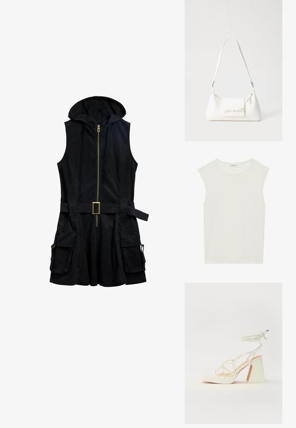 Schwarzes ärmelloses Kleid mit Kapuze, vorderem Reißverschluss und einem Gürtel. Verfügt über Seitentaschen mit Hardware-Details und einem lässigen Schnitt.; Weißes ärmelloses Top mit rundem Ausschnitt. Hergestellt aus glattem Stoff, hat es einen lässigen Schnitt und minimalistisches Design. Keine Muster oder Akzente.; Weiße High-Heel-Sandale mit einem klobigen Absatz, die über ein Riemchendesign und ein Knöchelband verfügt. Glatte Textur mit einer Plattform vorne für zusätzliche Höhe.; Weiße synthetische Handtasche in dreieckiger Form, flache Vorderklappe und Schleifendetail, verstellbarer Trageriemen, glatte Textur und minimalistisches Design.