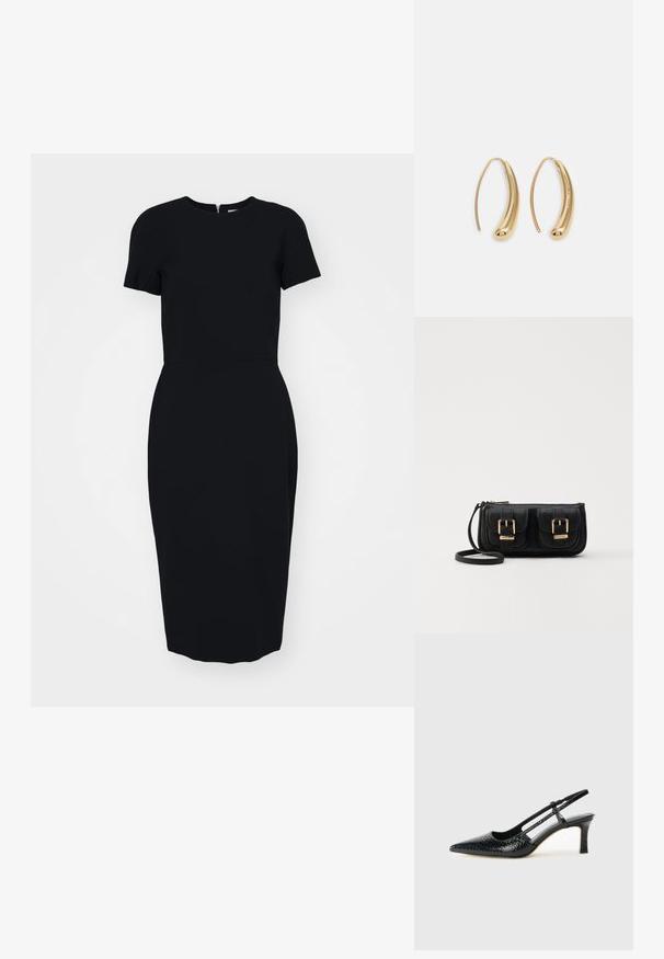 Čierne priliehavé šaty s krátkymi rukávmi, okrúhlym výstrihom a dĺžkou po kolená. Vyrobené z hladkej látky, s diskrétnym zipsom na zadnej strane.; Čierne patentové slingback topánky na ihlovom podpätku s špicatou špičkou, s textúrovaným hadím vzorom, nastaviteľným popruhom a krátkym, textúrovaným blokovým podpätkom.; Čierna kožená crossbody taška s dvoma prednými vreckami, zlatými sponami, zipsovým uzatváraním a úzkym popruhom. Štruktúrovaný povrch a kompaktný obdĺžnikový tvar.; Náušnice vo forme zlatých kovových kruhov s zakriveným, predĺženým tvarom. Majú hladký, lesklý povrch a zaoblený koniec pre pridanie detailu.