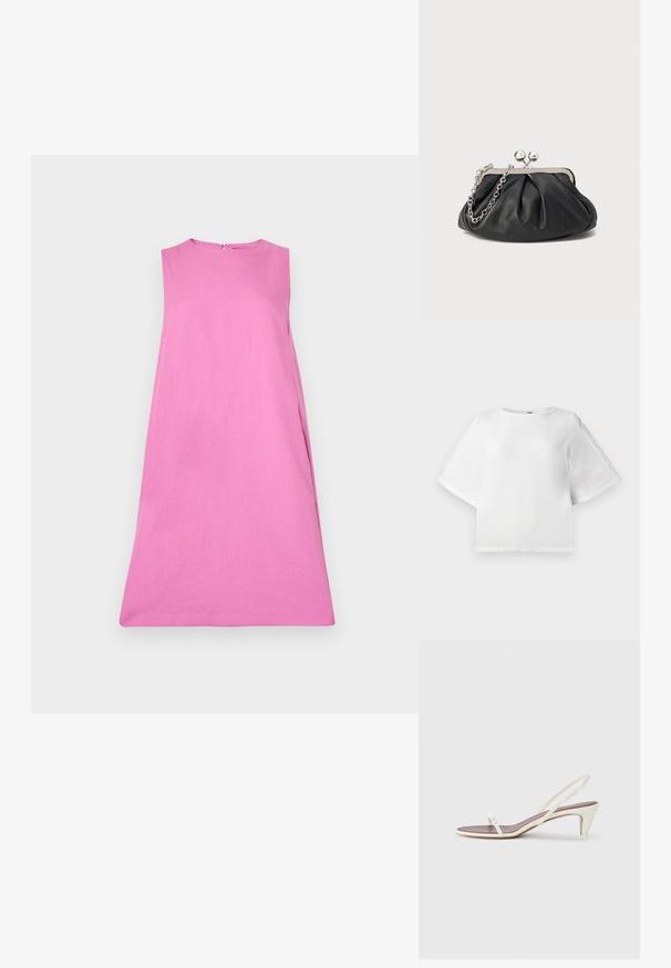 WEEKEND MaxMara RACER - Dienas kleita - pink; Balts īsām piedurknēm tops ar apaļu kakla izgriezumu un mežģīņu akcentiem uz piedurknēm. Izgatavots no gludas auduma, ar nedaudz īsāku piegriezumu.; Baltas siksnas sandales ar nelielu papēdi, plānām siksniņām un gludu ādas tekstūru; ar nelielu dekoratīvu sprādzi.; Melnas ādas roku soma ar sakrautām tekstūrām, sudraba toņu metāla rāmis, skavas aizdare un ķēdes siksna. Gluda, maiga virsma.