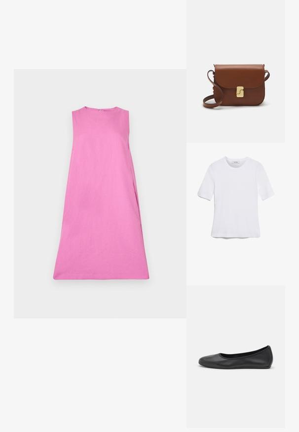 WEEKEND MaxMara RACER - Φόρεμα ημέρας - pink; Άσπρο κοντομάνικο μπλουζάκι φτιαγμένο από ριγέ ύφασμα. Στρογγυλή λαιμόκοψη, κανονική εφαρμογή και διακριτές λεπτομέρειες ραφής. Χωρίς σχέδια ή γραφικά.; Μαύρο δερμάτινο μπαλαρίνι με στρογγυλή μύτη, λεία υφή, ελάχιστες λεπτομέρειες ραφής και σχεδίαση ευέλικτης σόλας.; Καφέ δερμάτινη τσάντα χειρός με κλείσιμο καπάκι, χρυσές λεπτομέρειες, ιμάντα ώμου και λεία υφή. Συμπαγές ορθογώνιο σχήμα.