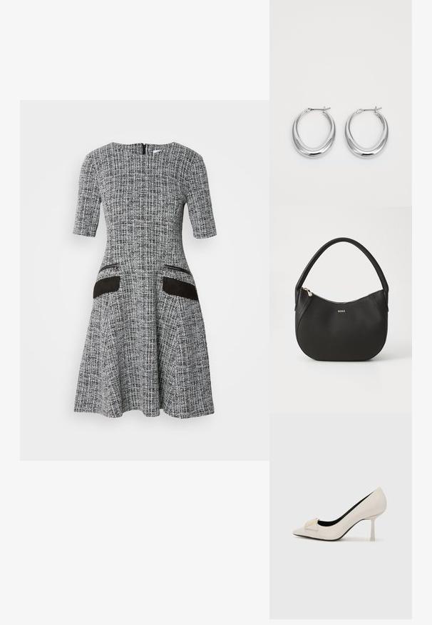 Grå og hvit mønstret kjole med korte ermer, tettsittende bodice, utsvingt skjørt og svarte suede lommeaksenter. Glidelås i ryggen.; Beige høye hæler med spiss tå, glansfullt skinnmateriale, gullfarget detalj på fronten, og en slank stiletthæl.; Svart skinnveske med rund form og en enkelt topphåndtak. Har en glidelås lukking og en subtil gull-logo på forsiden.; Et par polerte sølv halvmåne hoop øredobber med hengselspenner på hvit bakgrunn.