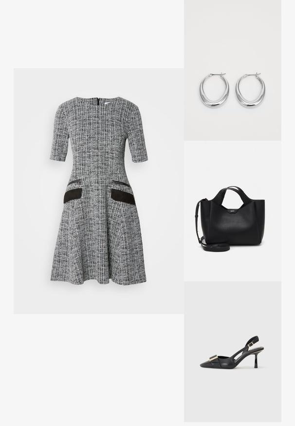 Harmaa ja valkoinen kuviolDress, jossa on lyhyet hihat, istuva puku, liehuva hame ja mustista mokasta valmistetut taskukoristeet. Takana vetoketjukiinnitys.; Mustat nahkasaappaat, joissa on kärki, kapea korko ja kultasävyinen koriste etuosassa. Silkkinen pinta ja jämäkkä muotoilu.; Musta nahkalaukku, jossa on tekstuuripinta, kulmikas muoto, kaksinkertaiset kahvat ja säädettävä olkahihna. Mukana DKNY-logo korostus.; Pari di orecchini a cerchio a mezzaluna in argento lucidato con chiusure a cerniera su uno sfondo bianco.