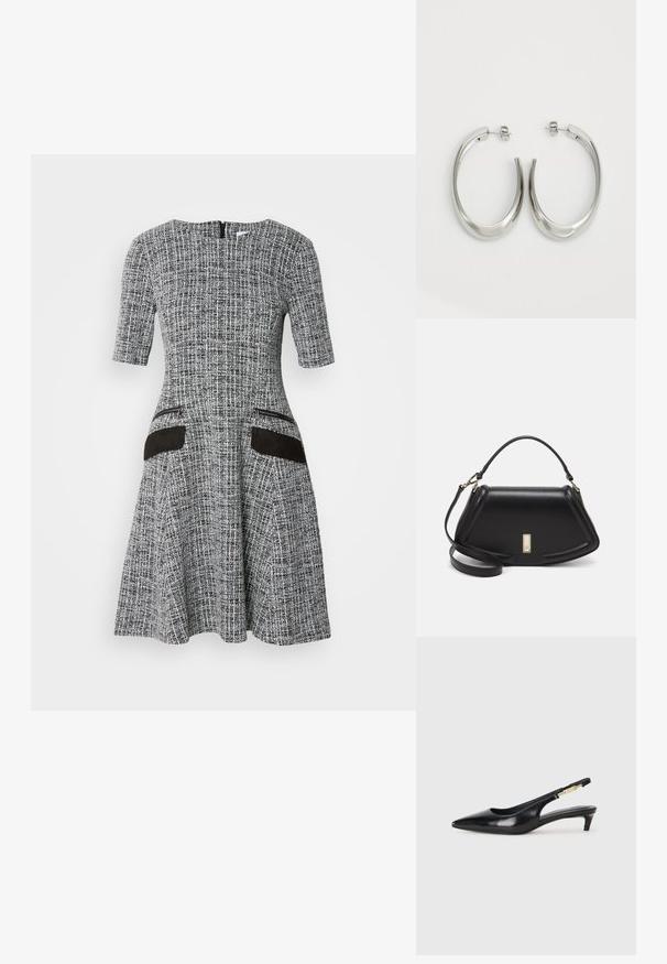 Abito grigio e bianco con motivo, maniche corte, corpino aderente, gonna a campana e dettagli delle tasche in suede nero. Chiusura con cerniera sul retro.; Tacchi slingback in pelle nera con punta affusolata, caratterizzati da un tacco alto e un accento dorato sulla cinghia regolabile. Texture liscia.; Borsa a mano in pelle nera con un design strutturato, caratterizzata da una forma corta, manico superiore e accessori in metallo dorato. Inclusa tracolla regolabile.; Orecchini a cerchio argentati con un design liscio e curvo. Presentano una finitura metallica lucida e una chiusura a perno. Nessun motivo o accentuazione visibile.
