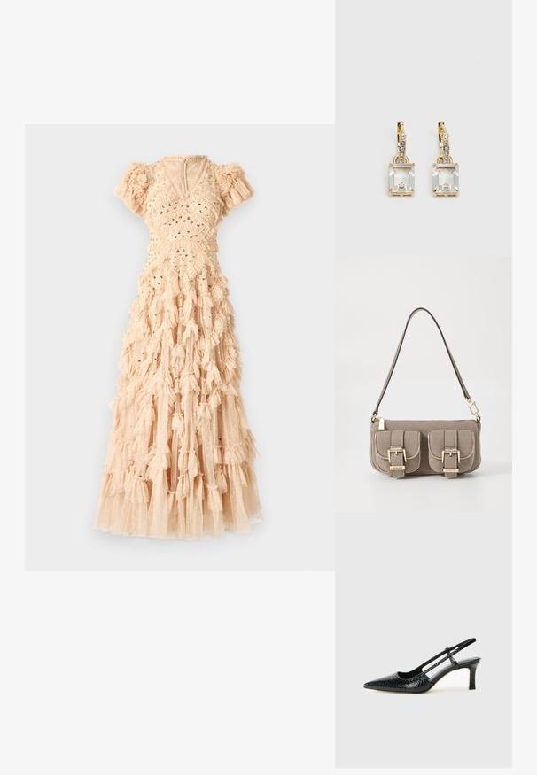 Robe maxi dans une douce couleur nude, avec un design à volants, des sequins éparpillés, des manches bouffantes et un décolleté en V. Fabriquée en tissu léger et texturé.; Escarpin slingback en vernis noir avec un bout pointu, présentant un imprimé serpent texturé, une sangle réglable et un petit talon bloc texturé.; Sac à main beige texturé avec une bandoulière réglable, deux poches avant fermées par des boucles, et des accents en doré. Fermeture éclair en haut.; Boucles d'oreilles en or lumineux avec un cristal rectangulaire transparent pendent sous une rangée de petits accents ronds transparents. Design élégant et moderne.