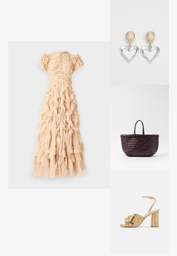 Maxi dress in a soft nude color, featuring a frilled design, scattered sequins, puff sleeves, and a V-neckline. Made of lightweight, textured fabric.; Gold heeled sandals with a knotted front, pleated texture, and an ankle strap. The block heel has a ribbed design, enhancing grip.; DRAGON DIFFUSION BAMBOO TRIPLE JUMP SMALL - Handbag - dark brown; Silver heart-shaped earrings with a glossy finish. Each features a textured beige oval stud. Elegant and lightweight design.