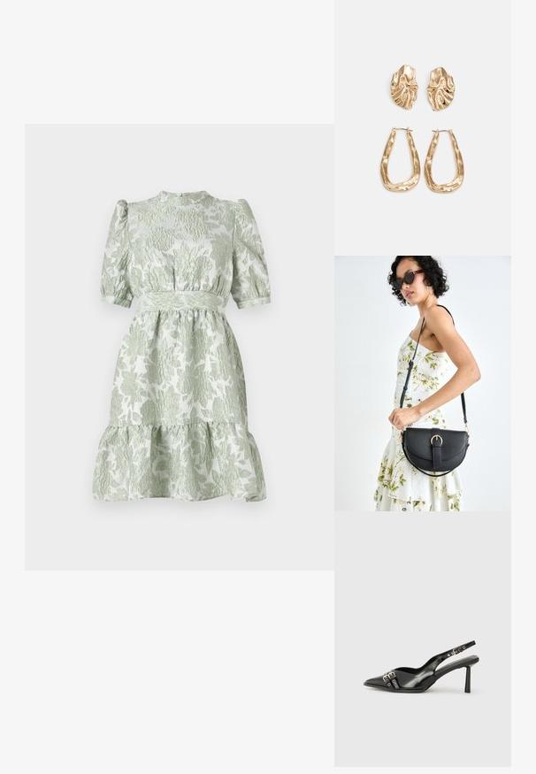 Lysm grønne blomstrete kjole med korte pufferm, høy hals, og belted midje, med et flertallert skjørt og teksturert stoff.; Sorte patentlær slingback-sko med spiss tå, ankelremmer med sølvspenner og detaljer, og en slank hæl.; Svart lærveske med en buet form, avtagbar stropp og gullbeslag. Vesken har et klaff med spenne-detall.; Gullfargede øredobber med teksturerte, bølgete former. Inkluderer skulpturelle klipsstuds og åpen hoop-design med en hamret finish.