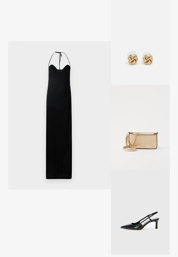 Melna maxi kleita ar pieguļošu augšu, halter tipa kakla saites un gludu tekstūru. Iezīmē taisnu siluetu bez rotājumiem.; Melna patent āda ar slīdošo papēdi un smailo purngalu, ar teksturētu čūsku drukājumu, regulējamu siksniņu un īsu teksturētu blokpapēdi.; Metālisks zelta ādas klipsis ar teksturētu apdari, ar zelta ķēdes siksniņu un noņemamu pleca siksniņu. Zīmola logo iepresēts.; Zeltītu mezgla auskari ar vērptu dizainu. Katrs auskaru pāris ir aprīkots ar apaļu caurspīdīgu atbalstu drošai nēsāšanai.