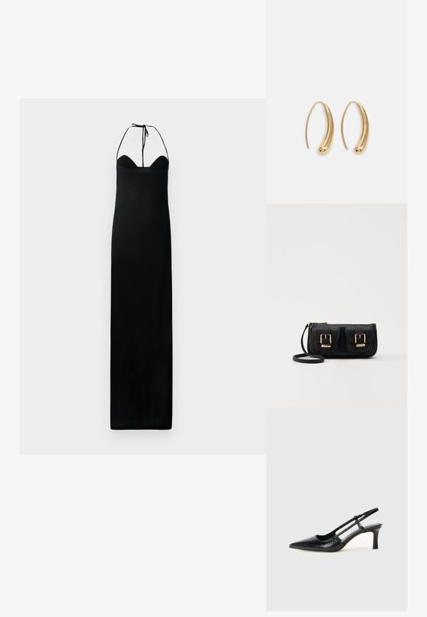 Juodas maksi suknelė su prigludusia liemenėle, kaklo juostelėmis ir glotnia, lygia faktūra. Turi tiesią siluetą be papuošimų.; Juodai lakuoti slingback aukštakulniai su smailiu nosiu, su tekstūruotu gyvatės raštu, reguliuojama juosta ir trumpu, tekstūruotu blokiniu kulnu.; Juodas odinis per petį nešiojamas krepšys su dviem priekiniais kišenėmis, auksiniais sagtimis, užtrauktuko uždarymu ir siauromis petnešomis. Textūruota paviršius ir kompaktiškas stačiakampis formatas.; Auksinės metalinės auskarų kabės su lenktą, pailgą forma. Turi lygų, blizgantį paviršių ir užapvalintą galiuką papildomam akcentui.