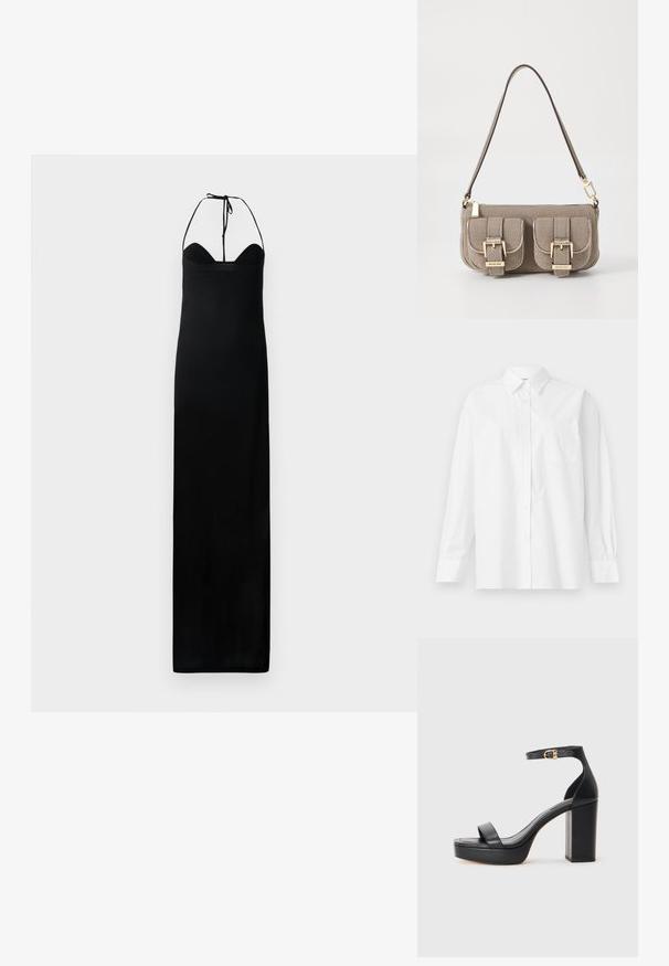 Rochie maxi neagră cu un corset ajustat, cu funda la gât și o textură netedă și elegantă. Prezintă o siluetă dreaptă, fără ornamente.; Cămașă albă cu mâneci lungi din bumbac, având un guler clasic, închidere cu butoane și un singur buzunar pe partea stângă.; Sandale cu platformă negre, cu toc gros, din material din piele netedă, cu vârf deschis și un sistem de prindere la gleznă cu un accent de cataramă aurie.; Geantă bej texturată, cu curea ajustabilă, două buzunare frontale asigurate cu catarame și accente din metal aurit. Închidere cu fermoar în partea de sus.