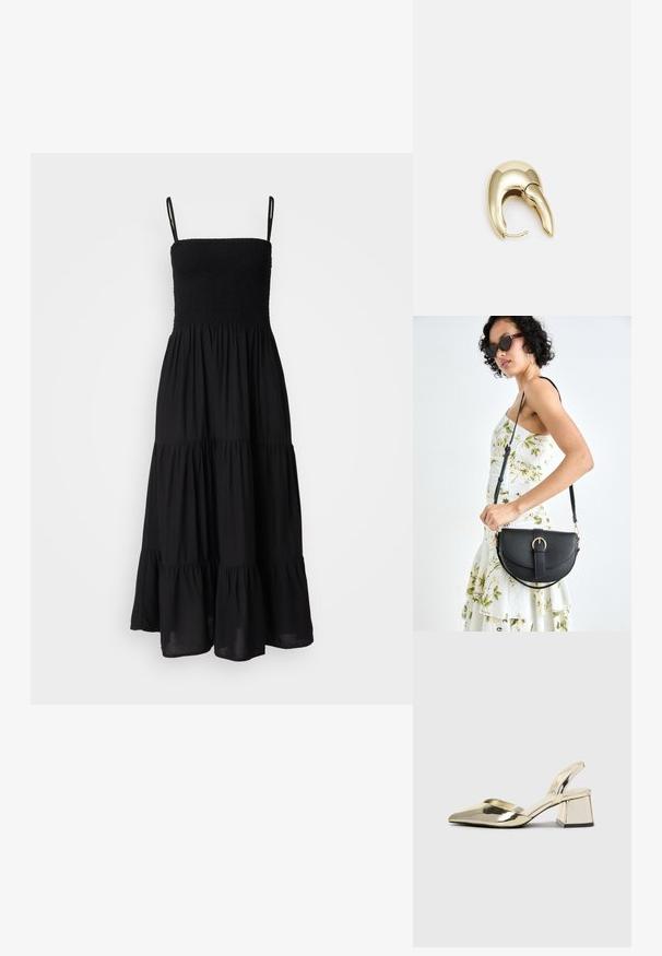 Melns, bez piedurknēm tērps ar pieguļošu smockotu korpusu un daudzslāņu, plūstošu svārku. Izgatavots no vieglām audumam, ar regulējamiem siksnām.; Zeltaini, metāla kurpes ar siksniņām, norakans purngalis un masīla papēdis. Gluda tekstūra, minimālisma dizains un šaura siksna.; Melnas ādas rokassoma ar izliekta formu, noņemamu siksnu un zelta aksesuāriem. Somai ir vāciņš ar sprādzes detaļu.; Zeltīti metāla auskari ar gludu, izliekta dizaina. Ar atšķirīgu smailu formu, pulētu virsmu un eņģu aizdari.