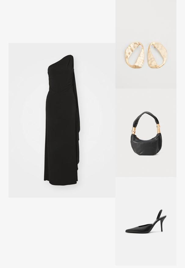Alice + Olivia ONE SHOULDER DRAPED DRESS - Vestido ligero - black; Zapatos de tacón negro tipo slingback con puntera afilada, material de cuero suave y un diseño minimalista y elegante. Tacón alto en estilo stiletto.; Bolso de mano de cuero negro con forma redonda, textura suave y un asa anudada que cuenta con acentos de hardware en tono dorado. Cierre con cremallera.; Un par de pendientes de metal dorado en forma de óvalo irregular con una superficie texturizada y ligeramente martillada sobre un fondo blanco.