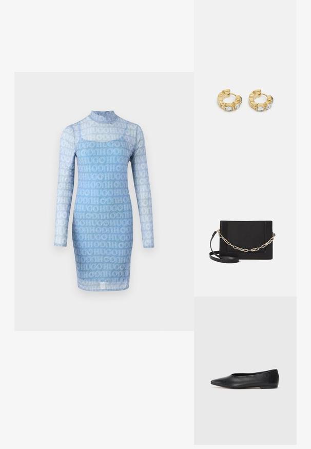 Blauwe jurk met lange mouwen van doorschijnende stof, met een overal herhaald "HUGO" logo-patroon, hoge hals en een aansluitende silouet.; Zwarte leren balletflat, puntige neus, minimalistisch design, gladde textuur, lage hak, geen zichtbaar beslag of versieringen.; Zwarte leren schoudertas met een gladde textuur, rechthoekige vorm en een metallic kettingdetail aan de voorkant. Verstelbare schouderband inbegrepen.; Gouden creolen met een getextureerd ontwerp en drie heldere kristalaccenten aan één zijde, wat een moderne geometrische esthetiek biedt.