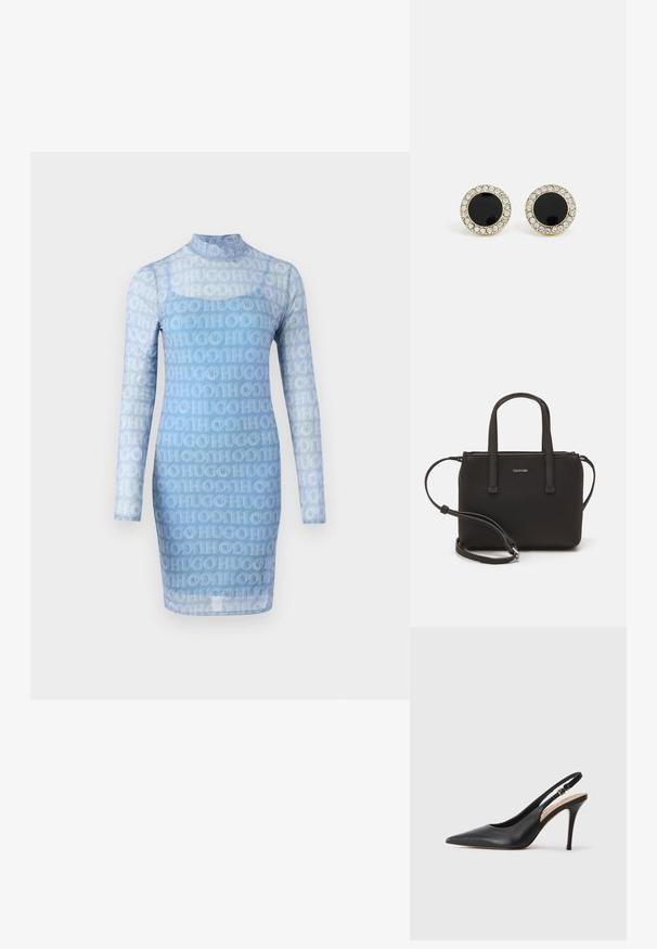 Blå långärmad klänning i transparent tyg med ett mönster av det upprepade "HUGO"-logotypen, hög hals och figurnära silhuett.; Svart läder högklackad slingback-sko med spetsig tå, slät yta och ett delikat band med en metallspänne.; Svart handväska med dubbla korta handtag och ett avtagbart axelband. Slät läderliknande material med dragkedjestängning och logodetalj.; DKNY INLAY STUD - Örhänge - black/gold-coloured