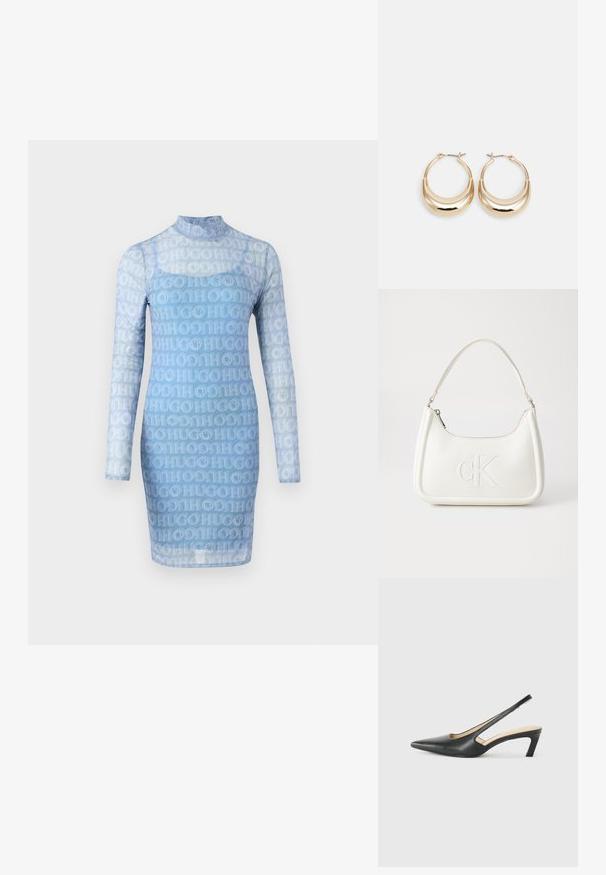 Blauwe jurk met lange mouwen van doorschijnende stof, met een overal herhaald "HUGO" logo-patroon, hoge hals en een aansluitende silouet.; Zwarte puntige slingback schoen met een lage hak, gemaakt van soepel leer en voorzien van een uitsnede aan de zijkant voor ventilatie.; Witte lederen handtas met een gebogen vorm, voorzien van een reliëf "CK" logo aan de voorkant en een enkele schouderriem. Ritsluiting aan de bovenkant.; Gouden hoepel oorbellen met een halve maan vorm, gepolijste oppervlakte en scharnier sluiting. De gladde textuur en weerspiegelende afwerking vergroten de zichtbaarheid.