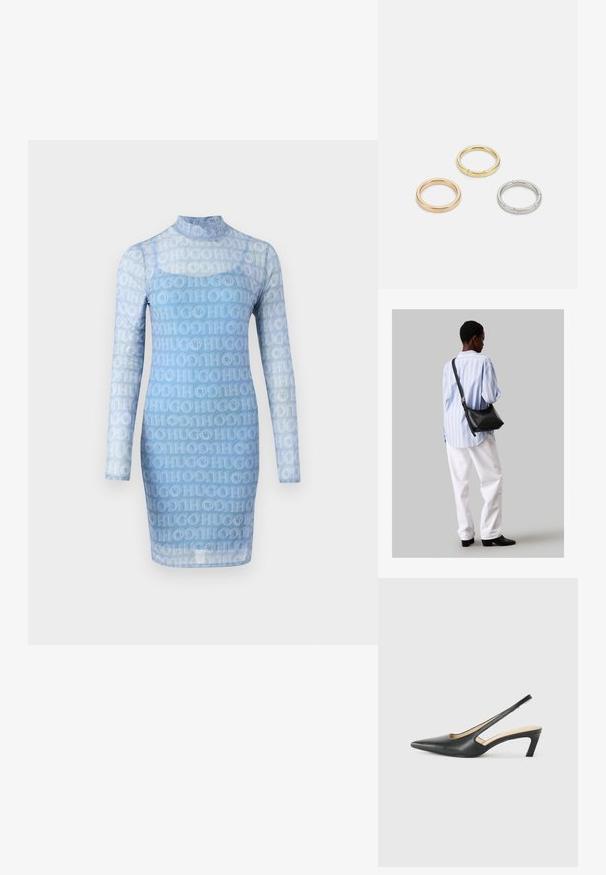 Niebieska sukienka z długim rękawem, wykonana z przezroczystej tkaniny, z powtarzającym się na całej powierzchni wzorem logo "HUGO", z wysokim dekoltem i dopasowanym krojem.; Czarny but na obcasie typu slingback z ostro zakończonym noskiem, z niskim obcasem, wykonany z gładkiej skóry, z wycięciem po boku dla lepszej wentylacji.; Czarna skórzana torba na ramię o miękkiej fakturze, w kształcie trójkąta, z regulowanym paskiem, połączona z jasnoniebieską koszulą w paski i białymi spodniami.; Trzy metalowe pierścienie: jeden w różowym złocie, jeden złoty z teksturowanymi akcentami, oraz jeden srebrny, wszystkie z wygrawerowanym brandingiem na wewnętrznej stronie.