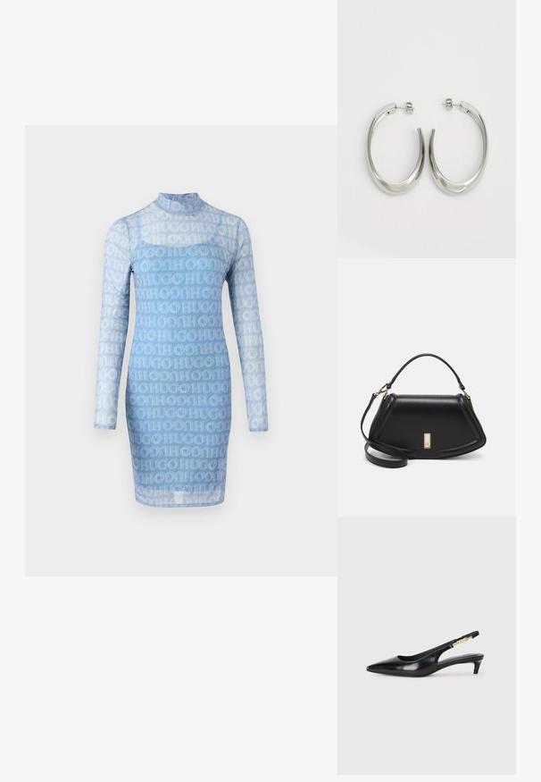Blue long-sleeve dress made of transparent fabric featuring an all-over repeated "HUGO" logo pattern, with a high neck and fitted silhouette.; Black leather slingback heels with a pointed toe, featuring a slim heel and a gold-tone accent on the adjustable strap. Smooth texture.; Black leather handbag with a structured design, featuring a cropped shape, top handle, and gold hardware accent. Adjustable shoulder strap included.; Silver hoop earrings with a smooth, curved design. Features a shiny metallic finish and stud closure. No visible patterns or accents.