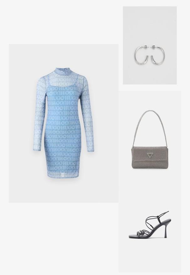 Sininen pitkähihaisuus mekko, joka on valmistettu läpinäkyvästä kankaasta ja jossa on koko ajan toistuva "HUGO"-logo-kuvio. Mekossa on korkea kaulus ja istuva siluetti.; Mustat korkokengät sandaalit, joissa on ohuet hihnat solmittuna, sileä neliön muotoinen varvasosa ja tyylikäs stiletto-korko.; Vaalea harmaa metallinen käsilaukku, jossa on ketjusanka. Laukku on koristeltu pienillä pyöreillä metallikoruilla ja kolmion muotoisella brändilogolla.; Hopehopeet hopehopeet hopehopeet hopehopeet, jolla on sileä, kiiltävä pinta. Pyöreä muoto, kevyt rakenne, jossa on neulakiinnitys.