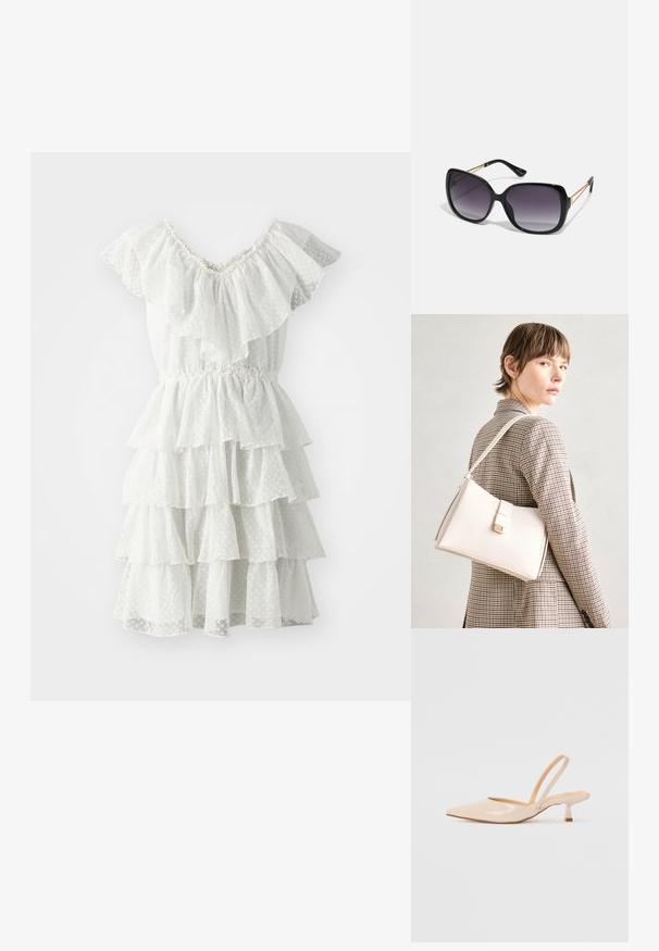 Fehér, réteges ruha fodros ujjal és gyűrűs derékkal. Texturált anyagból készült, pöttyös mintával.; Bézs színű lakkbőr slingback magassarkú cipők hegyes orral és vékony, négyzetes sarkú dizájnnal. Simább textúra és minimalista stílus, díszítések nélkül.; Fekete, oversize napszemüveg fokozatos árnyalatú lencsékkel, vastag kerettel és arany színű lánc díszítéssel a szárakon.; Fehér bőr táska strukturált dizájnnal, mágneses záródással és vállpánttal, semleges háttér előtt bemutatva.