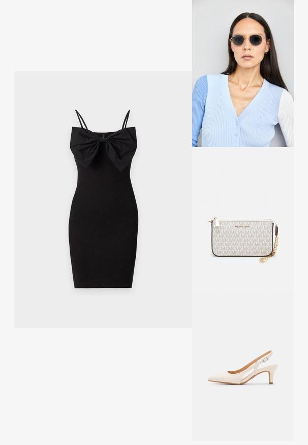 Rochie neagră, ajustată, cu un detaliu mare sub formă de fundă la decolteu, având bretele subțiri reglabile și o textură de material neted și elastic.; Sandaie cu toc alb, cu vârful ascuțit, material superior neted, toc mic tip bloc și design cu decupaj lateral, cu curea ajustabilă.; Ochelari de soare rotunzi cu lentile întunecate și rame aurii. Modelul poartă un cardigan ribbed de culoare albastru deschis cu nasturi și mâneci albe în contrast.; Clutch Michael Kors din canva acoperit bej, cu un model repetitiv al logo-ului MK, accesorii din aur și o curea cu lanț detașabil.