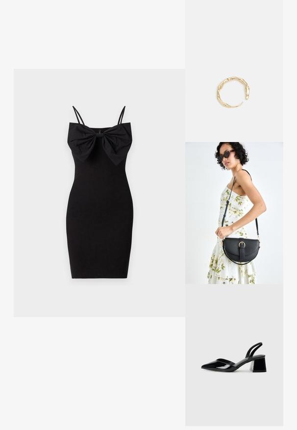 Sort tætsiddende kjole med en stor sløjfedetail ved halsudskæringen, med tynde justerbare stropper og en glat, strækbar stoftekstur.; Sorte patentlæder slingback hæle med spids tå og en geometrisk blok hæl. Har et elegant, minimalistisk design og en glat tekstur.; Sort læderhåndtaske med en buet form, aftagelig rem og guldfinish. Tasken har en klap med en spænde detalje.; Guld-tone ring med et organisk, snoet design, glat overflade og affasede ender, hvilket skaber et moderne, skulpturelt udseende.