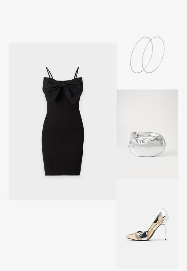 Juoda prigludusi suknelė su dideliu kaspinu prie kaklo, pasižyminti plonais reguliuojamais dirželiais ir lygiu, tamprių audinių tekstūra.; Aštrus pirštas aukštakulnis batelis su sidabro, aukso ir nuogų spalvų deriniu. Blizgus paviršius su išpjovos dizainu, su stiletto kulnu.; Sidabrinė metalinė maišelio forma su švelnia, apvalia forma ir mazgu užveriamu viršumi. Pagaminta iš lygios dirbtinės odos medžiagos.; Sidabrinės pusmėnulio auskarai minimalistiniu dizainu. Apskritimo forma, lygus paviršius ir plonas profilis. Lengvi su poliruotu apdailu.