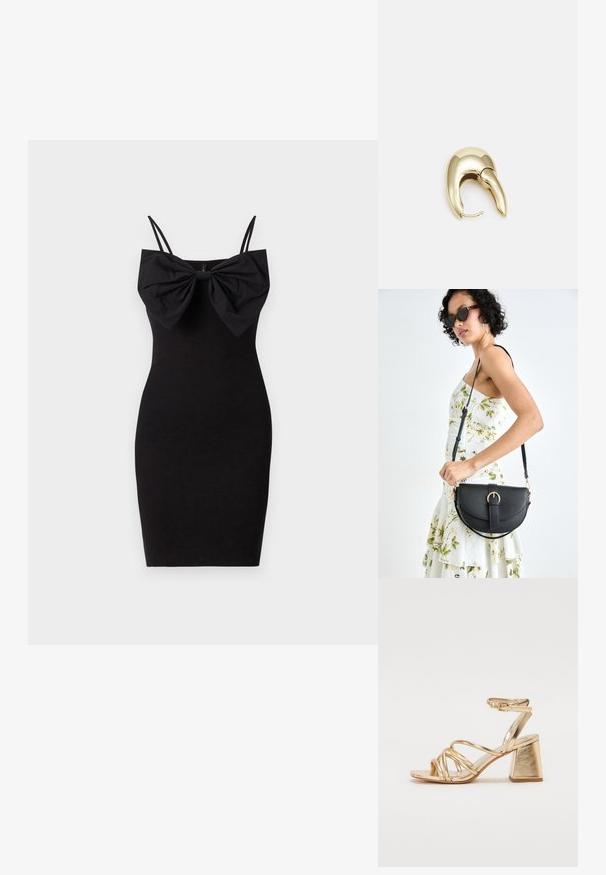 Melna pieguļoša kleita ar lielu loku detaļu ap kaklu, ar plānām regulējamām siksnām un gludu, elastīgu auduma faktūru.; Zelta metāla papēžu sandales ar siksnu dizainu, kvadrātveida bloku papēdi un regulējamu potītes siksnu ar sprādzi. Gluda tekstūra.; Melnas ādas rokassoma ar izliekta formu, noņemamu siksnu un zelta aksesuāriem. Somai ir vāciņš ar sprādzes detaļu.; Zeltīti metāla auskari ar gludu, izliekta dizaina. Ar atšķirīgu smailu formu, pulētu virsmu un eņģu aizdari.