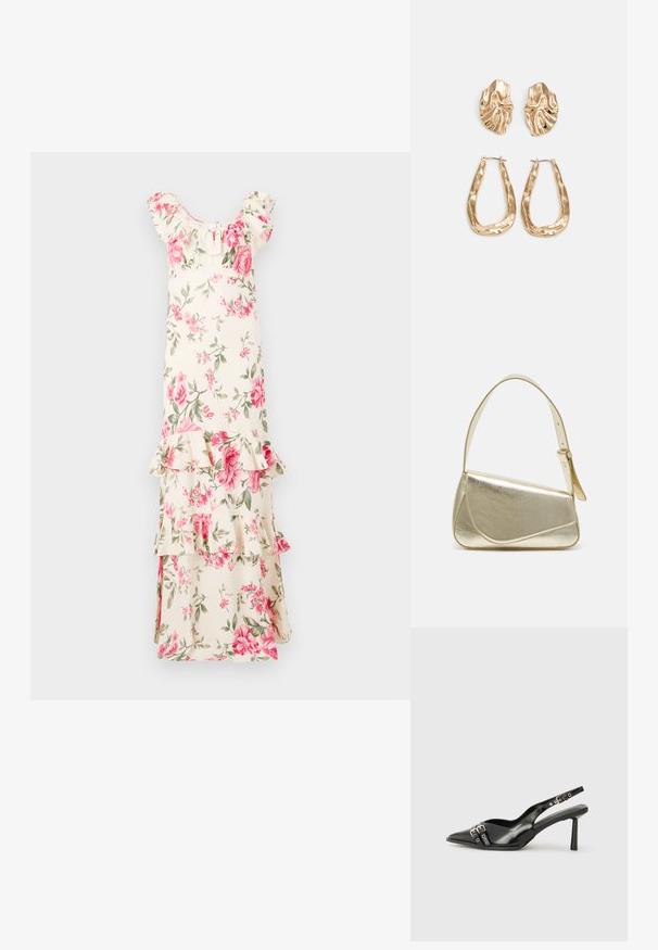 Blumenkleid Maxikleid mit einem elfenbeinfarbenen Hintergrund, verziert mit rosa Rosen und grünen Blättern, mit Rüschenärmeln und Schichten, aus leichtem Stoff gefertigt.; Schwarzer Lackleder Slingback-Schuh mit spitzem Zehenbereich, Knöchelriemen mit silbernen Schnallen und Beschlägen sowie einem schlanken Absatz.; Goldfarbene metallische Handtasche mit strukturiertem Design, glatter Textur und verstellbarem Tragegurt. Sie verfügt über eine einzigartige dreieckige Form und minimalistische Nähte.; Ohrringe in Goldoptik mit strukturierten, gewellten Formen. Beinhaltet skulpturale Clip-Ohrringe und ein offenes Hoop-Design mit gehämmertem Finish.