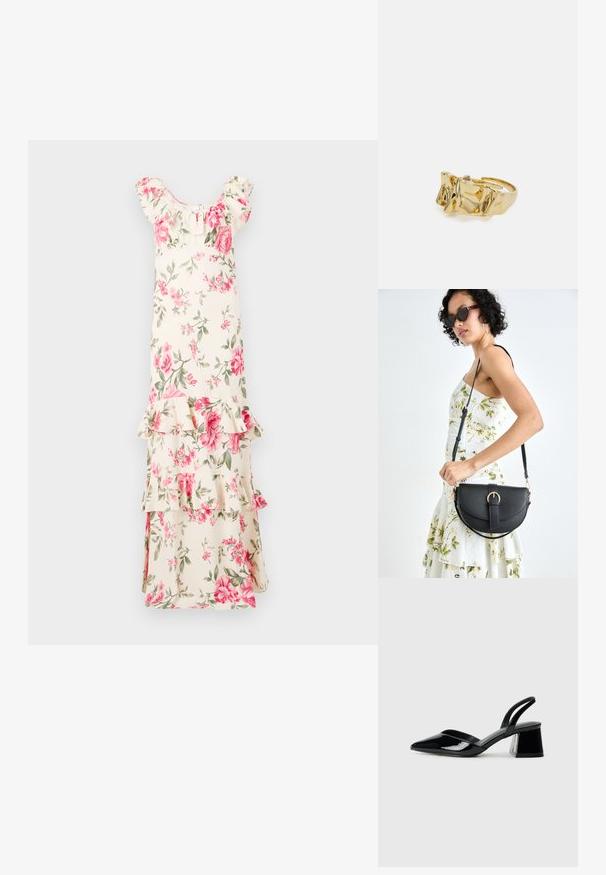 Ziedu maxi kleita ar ivorijas fona, kurā ir rozā rozes un zaļi lapas, ar viļņotām piedurknēm un līmeņiem, izgatavota no viegla auduma.; Melna lakota āda ar atvērto papēdi, ar smailu purngalu un ģeometrisku blokpapēdi. Iezīmējas elegants, minimāls dizains un gluda tekstūra.; Melnas ādas rokassoma ar izliekta formu, noņemamu siksnu un zelta aksesuāriem. Somai ir vāciņš ar sprādzes detaļu.; Zelta gredzens ar teksturētu, viļņotu dizainu, kas rotāts ar trim izteiktām virsotnēm. Gluda, spīdīga virsma ar atvērtu joslu, lai to varētu pielāgot.