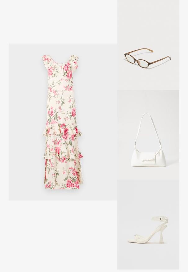 Rochie maxi florală cu un fundal ivoriu, prezentând trandafiri roz și frunze verzi, cu mâneci volănaș și straturi, confecționată dintr-un material ușor.; Sandalele cu toc înalt, cu bretele, din piele albă, cu un design elegant, toc transparent și un element decorativ la vârf.; Ochelari în nuanță de țestoasă maro, cu lentile ovale, brațe subțiri și accente transparente. Prezintă un logo subtil pe tâmplă. Design elegant și ușor.; Geantă sintetică albă, cu formă triangulară, capac frontal plat și detaliu cu fundă, curea ajustabilă, textură netedă și design minimalist.