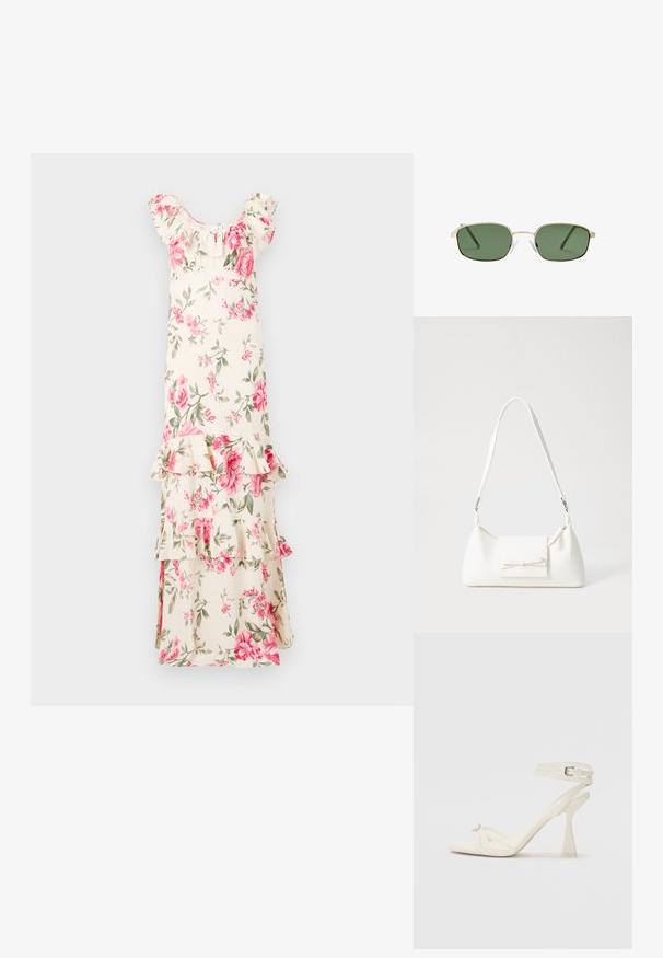 Maxi sukienka w kwiaty na kremowym tle, z różowymi różami i zielonymi liśćmi, z falbaniastymi rękawami i warstwami, wykonana z lekkiego materiału.; Białe skórzane sandały na wysokim obcasie z paskami, o smukłym wyglądzie, z przezroczystym słupkiem i ozdobnym elementem na palcach.; Okulary przeciwsłoneczne z złotą metalową oprawą, zielonymi soczewkami, prostokątnym kształtem i przezroczystymi noskami z plastiku. Cienkie, smukłe zauszniki o minimalnym designie.; Biała syntetyczna torba o trójkątnym kształcie, płaskim przednim klapce i detalach w postaci kokardy, regulowanym pasku, gładkiej fakturze oraz minimalistycznym designie.