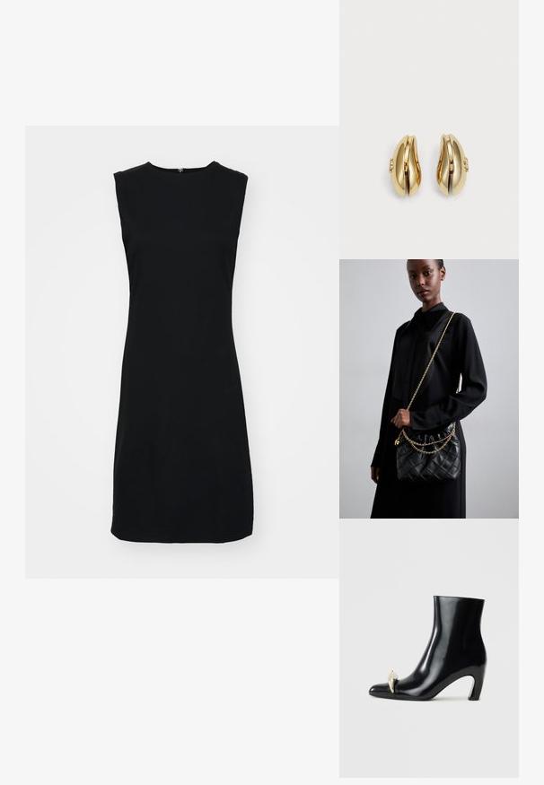 Černé bezramínkové šaty s vysokým krkem, vyrobené z hladké tkaniny, s rovnou siluetou a mírně zúženým lemem. Žádná viditelná ozdoba.; Černé kotníkové boty vyrobené z lesklé kůže, s špičatou špičkou a dekorativním zlatým a stříbrným akcentem na přední straně. Design s blokovým podpatkem.; Černá prošívaná kožená kabelka s staženým vrchem, zlatým řetízkovým popruhem a obdélníkovým tvarem, držena před jednoduše pozadím.; Náušnice ve zlatém tónu s plynulým, zakřiveným designem. Každá náušnice má hladký povrch a malý uzávěr s ozdobným detailem.