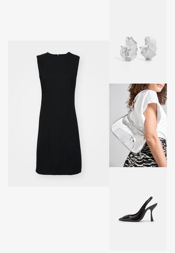 Melna bez piedurknēm tērps ar augstu apkakli, izgatavots no gludas auduma, ar taisnu siluetu un nedaudz sašaurinātu apakšmalu. Nav redzamu aparatūras elementu.; Melnas ādas sārta kurpes ar smailu purngalu, šauru augstu papēdi un dekoratīvu loku akcentu. Gluda tekstūra un elegants dizains.; Sudrabaini metāla plecu soma ar gludu tekstūru, izliekta dizaina, ķēdes siksnu un pulētu priekšējo paneli ar smalku logotipa gravējumu.; Sudeļi ar plūstošu spirālveida dizainu. Gluda tekstūra ar pulētu apdari. Iezīmējas ar maigu spīdumu un nav redzamu rotājumu.