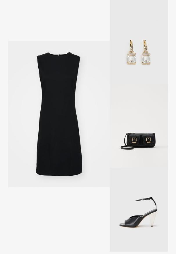 Mustmusteta kleit kõrge kaelusega, valmistatud siledast materjalist, otsejoonisega ja kergelt kitseneva hemiga. Ei ole nähtavaid aksessuaare.; Must mustril kõrge kontsaga sandaalid avatud varbaga, asümmeetrilise disainiga, pahkluukeevikuga ja metallilise koonusja kontsaga. Ühtlane tekstuur üle kogu.; Must küllastamata nahast õlakott, millel on kaks esist nähtavat taskut, kuldsed pandlad, tõmblukuga sulgemine ja peen rihm. Tekstuuriga pind ja kompaktne ristkülikukujuline kuju.; Kuldtooni kõrvarõngad, millel on ristkülikukujuline, selge kristall, mis ripub allapoole väikeste ümmarguste selgete aktsentide rida. Viimistletud, kaasaegne disain.