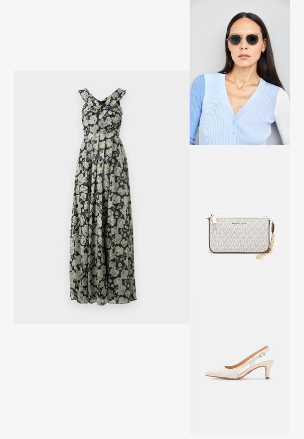 Rochie maxi cu imprimeu floral pe un fundal negru, decorată cu flori verzi deschise. Fără mâneci, cu un design al corsetului răsucit și fustă fluidă.; Sandaie cu toc alb, cu vârful ascuțit, material superior neted, toc mic tip bloc și design cu decupaj lateral, cu curea ajustabilă.; Ochelari de soare rotunzi cu lentile întunecate și rame aurii. Modelul poartă un cardigan ribbed de culoare albastru deschis cu nasturi și mâneci albe în contrast.; Clutch Michael Kors din canva acoperit bej, cu un model repetitiv al logo-ului MK, accesorii din aur și o curea cu lanț detașabil.